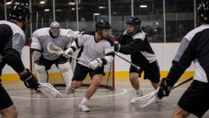 Indoor box lacrosse players attacking near the crease in a tight arena setting.