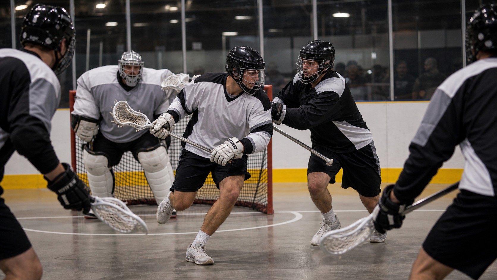 Indoor box lacrosse players attacking near the crease in a tight arena setting.
