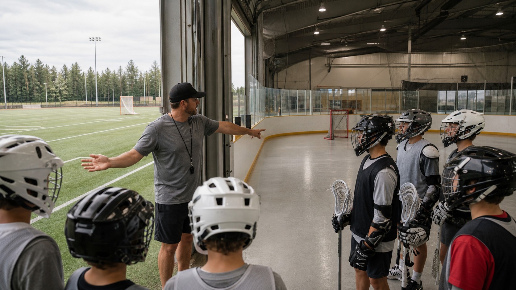 Coach explaining outdoor field lacrosse and indoor box lacrosse to beginner players.