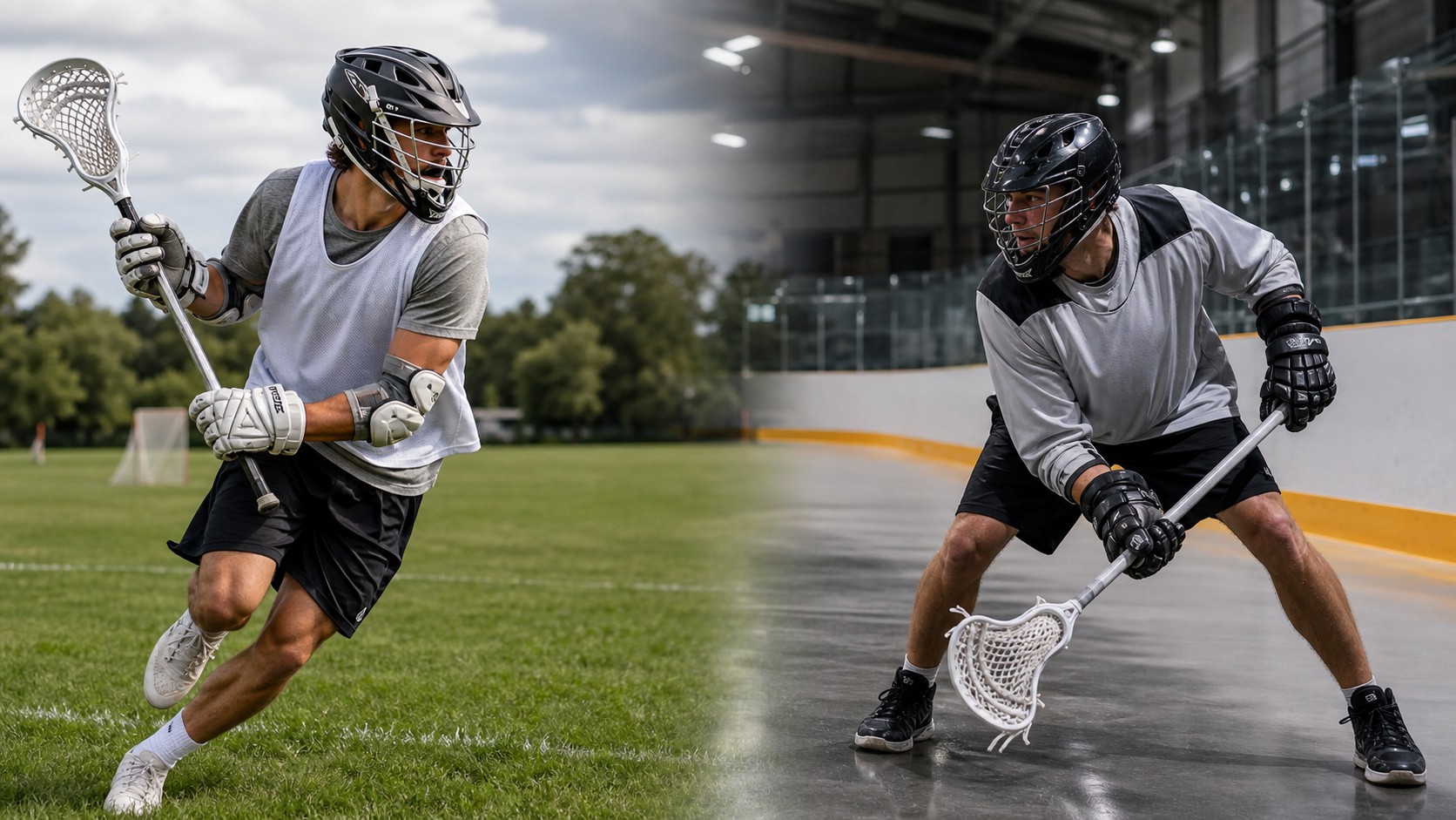 Players showing the contrast between outdoor field lacrosse and indoor box lacrosse.