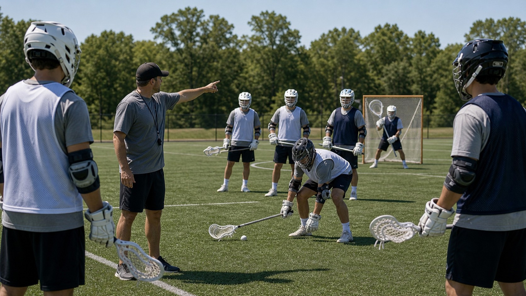 Men's lacrosse coach explaining a restart during a rules-focused practice.