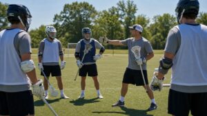 Coach teaching beginner men's lacrosse players positioning on an outdoor practice field.