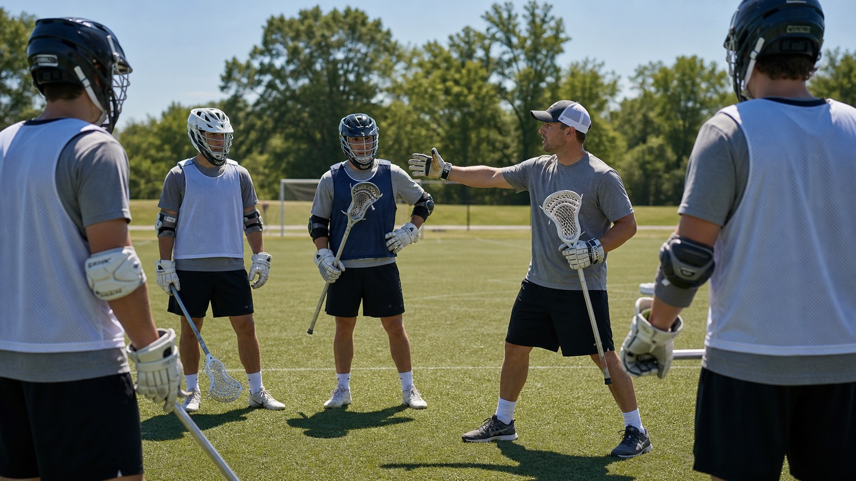 Coach teaching beginner men's lacrosse players positioning on an outdoor practice field.