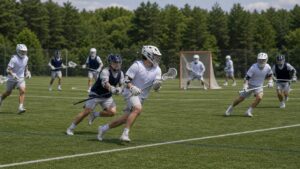 Men's lacrosse players moving through an outdoor game-flow sequence.