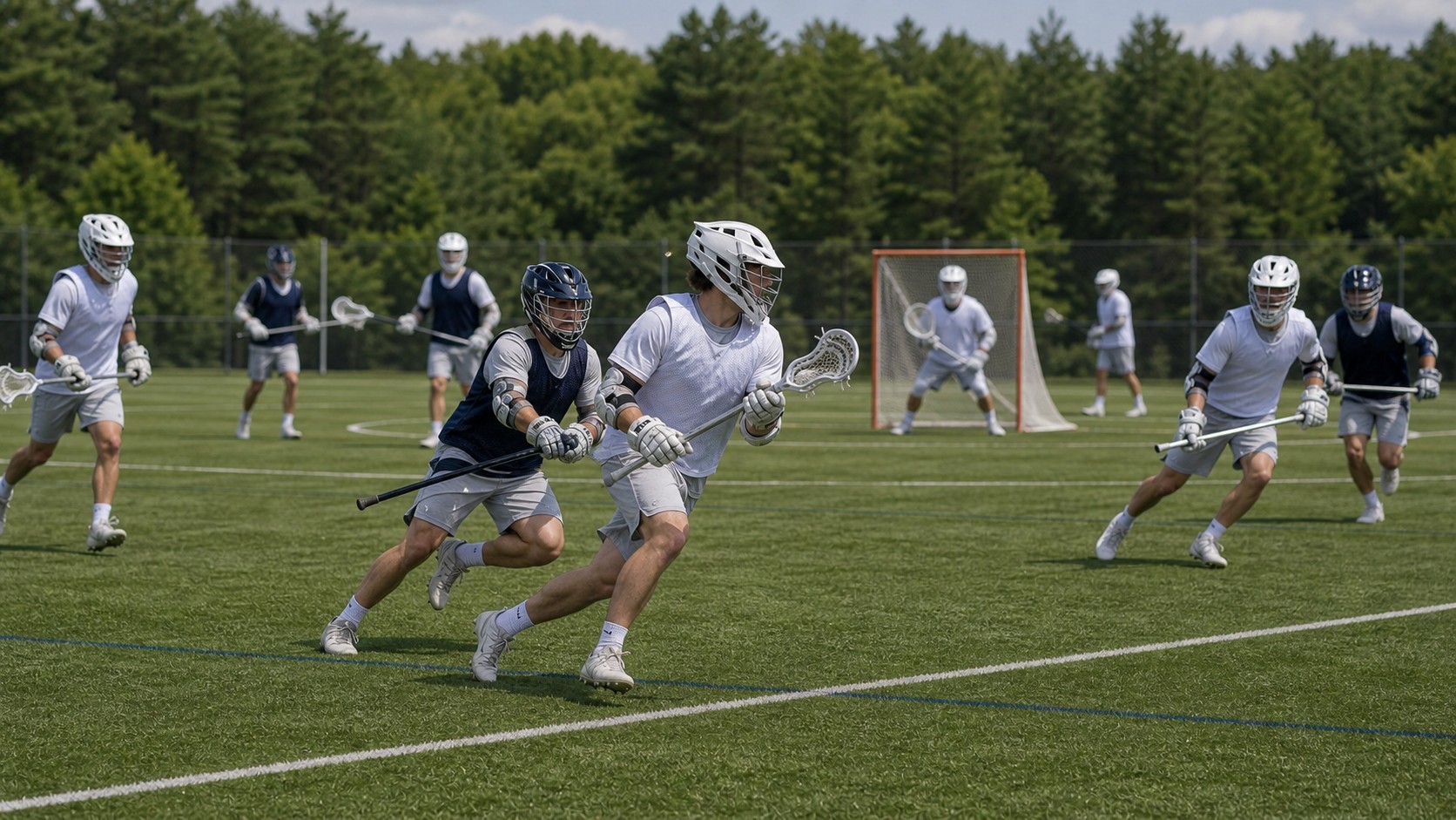 Men's lacrosse players moving through an outdoor game-flow sequence.