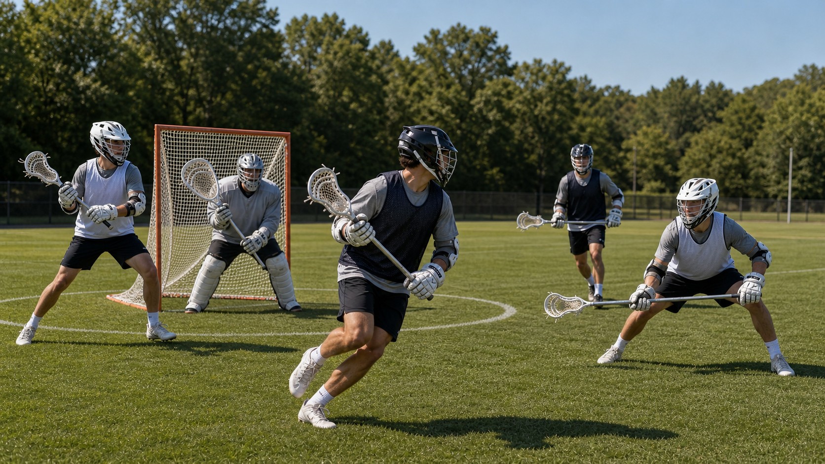 Men's lacrosse players demonstrating attack, midfield, defense, and goalie roles.