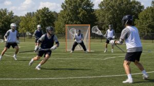 Lacrosse offense spacing around goal as a ball carrier looks to feed a cutter.