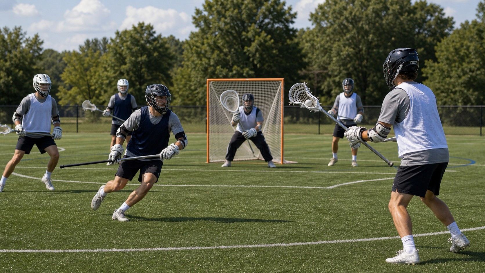 Lacrosse offense spacing around goal as a ball carrier looks to feed a cutter.