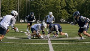 Lacrosse faceoff players and wing support preparing for a midfield possession battle.