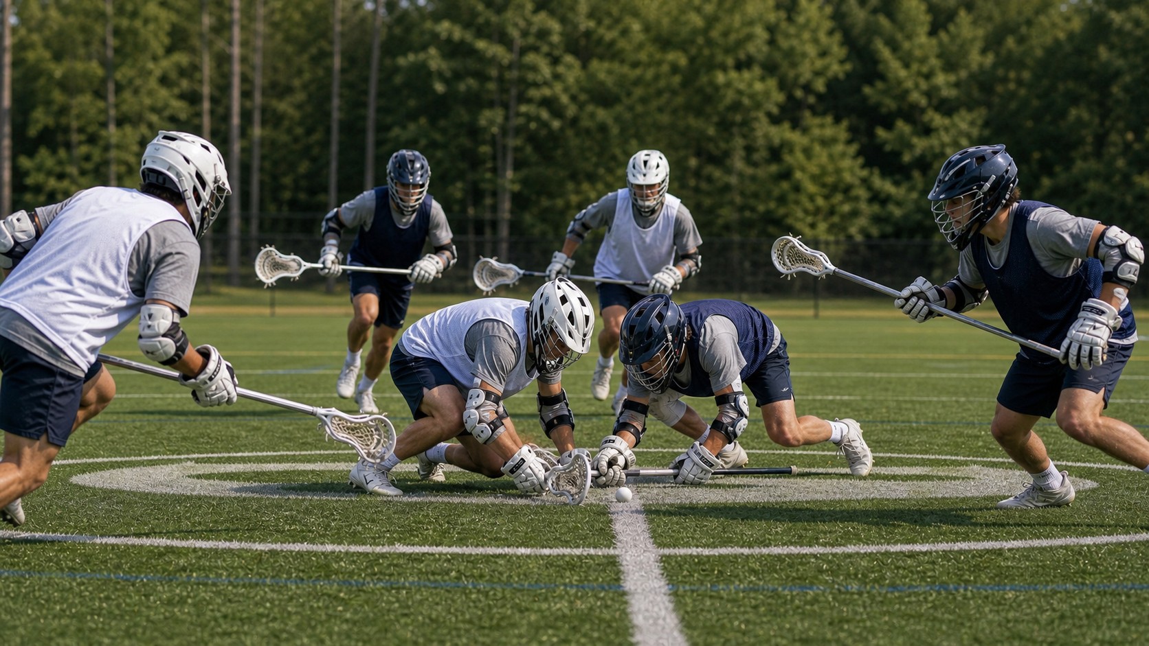 Lacrosse faceoff players and wing support preparing for a midfield possession battle.