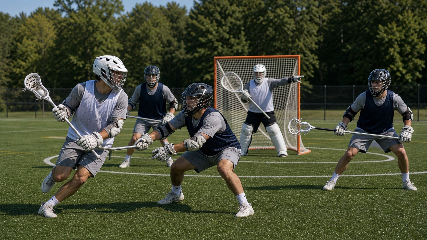 Lacrosse players reacting after a midfield faceoff as transition lanes open.