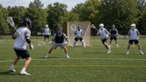 Lacrosse defenders communicating and sliding near the crease with a goalie behind them.