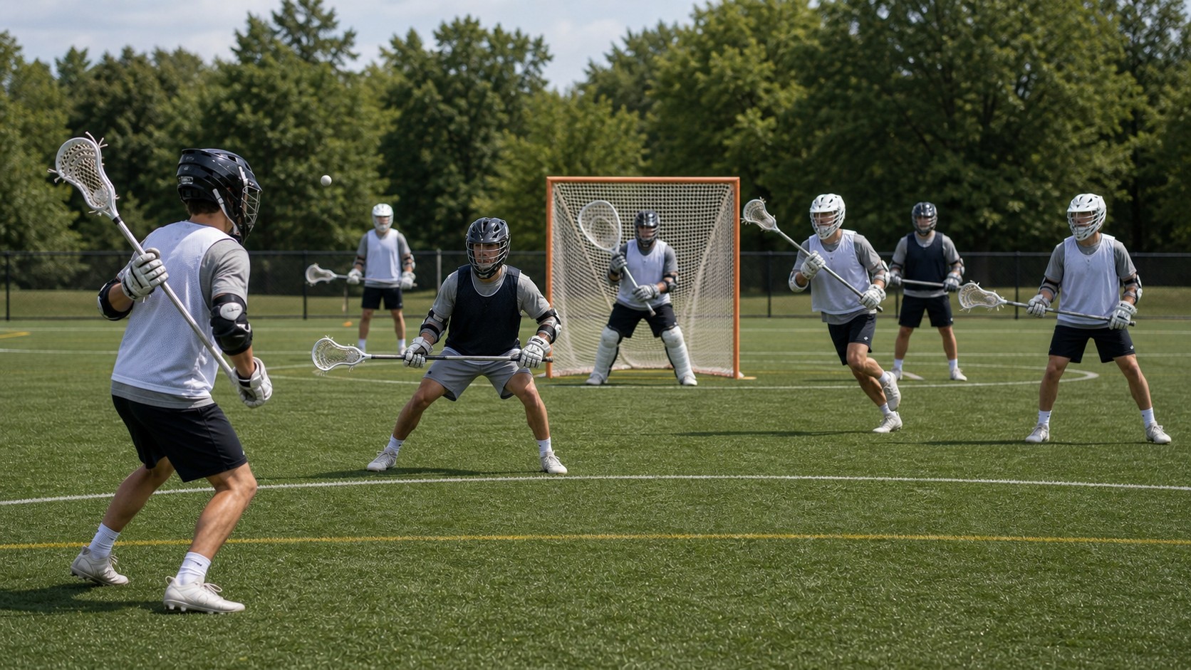 Lacrosse defenders communicating and sliding near the crease with a goalie behind them.