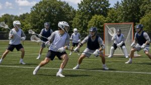 Lacrosse offense spaced around goal as a feeder looks for a cutting teammate.