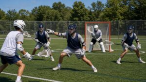Lacrosse players showing offensive spacing and defensive help during live field play.