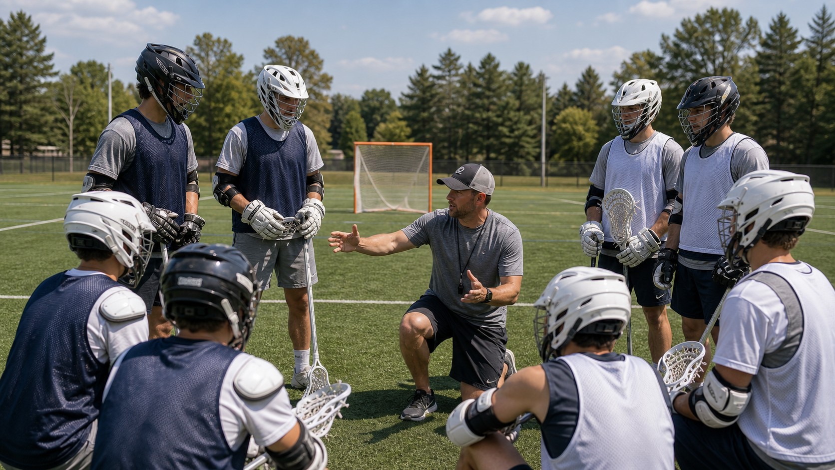 Lacrosse coach explaining team spacing during a strategic field reset.