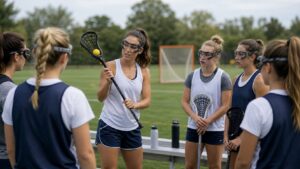 Women’s lacrosse players teaching basic stick control to newer teammates.