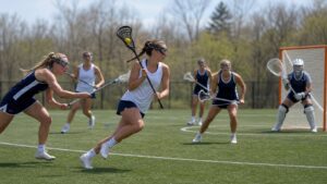 Women's lacrosse players moving through an outdoor possession with attackers and defenders spaced near goal.