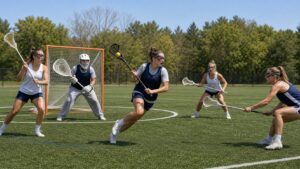 Women’s lacrosse players showing attacker, midfielder, defender, and goalie roles on the field.