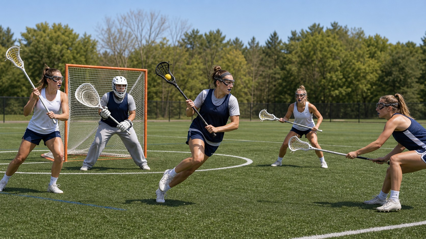 Women’s lacrosse players showing attacker, midfielder, defender, and goalie roles on the field.