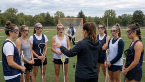 Women's lacrosse coach explaining rules and safe spacing during practice.