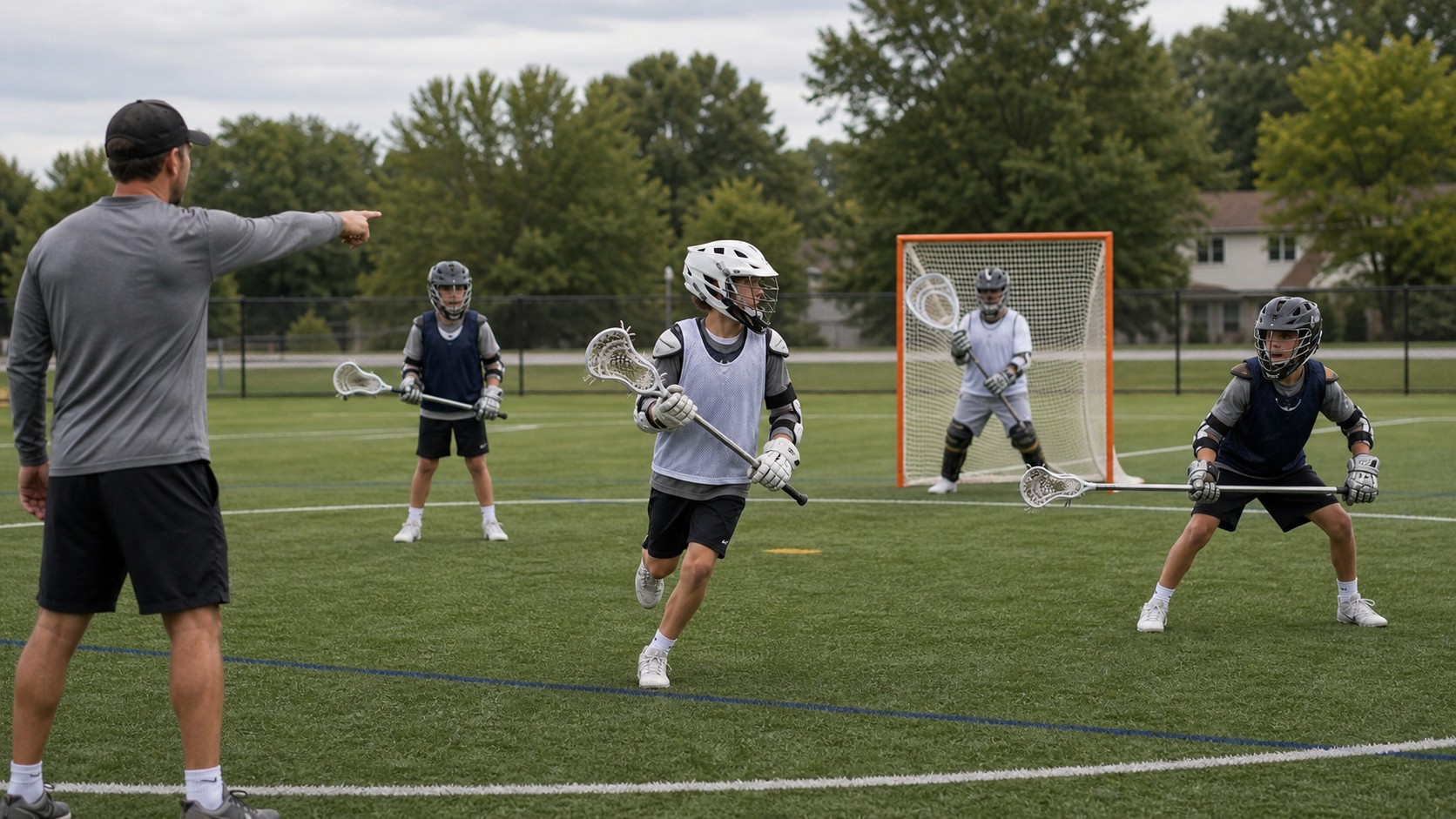 Youth lacrosse coach spacing children into simple field positions during practice.