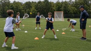 Young lacrosse players practicing beginner passing, catching, and ground balls on an unbranded field.