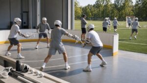 Unmarked lacrosse players training in a small boards-style area beside an open outdoor field.