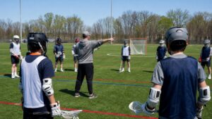 Outdoor field lacrosse practice with plain-uniform players listening as a coach explains spacing and rules.