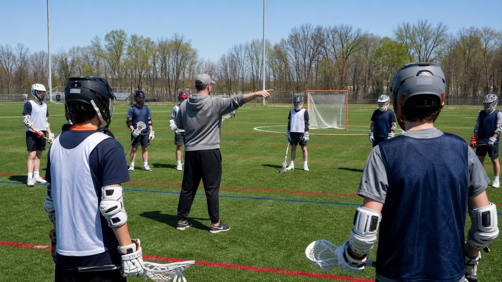 Outdoor field lacrosse practice with plain-uniform players listening as a coach explains spacing and rules.