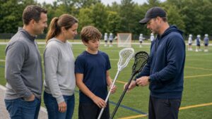 Parent and coach helping a child compare two plain lacrosse sticks on an unbranded sideline.