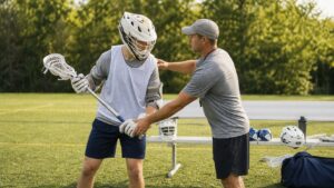 Coach helping a new unmarked men's lacrosse player learn stick position during outdoor practice.
