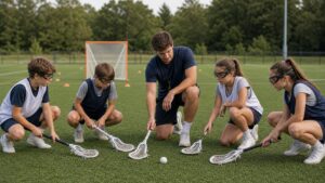 Youth lacrosse coach teaching a small group of children a basic unbranded stick-skill drill.