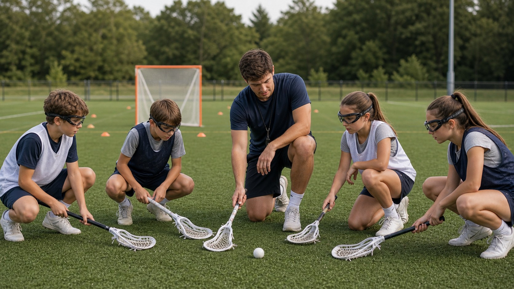 Youth lacrosse coach teaching a small group of children a basic unbranded stick-skill drill.