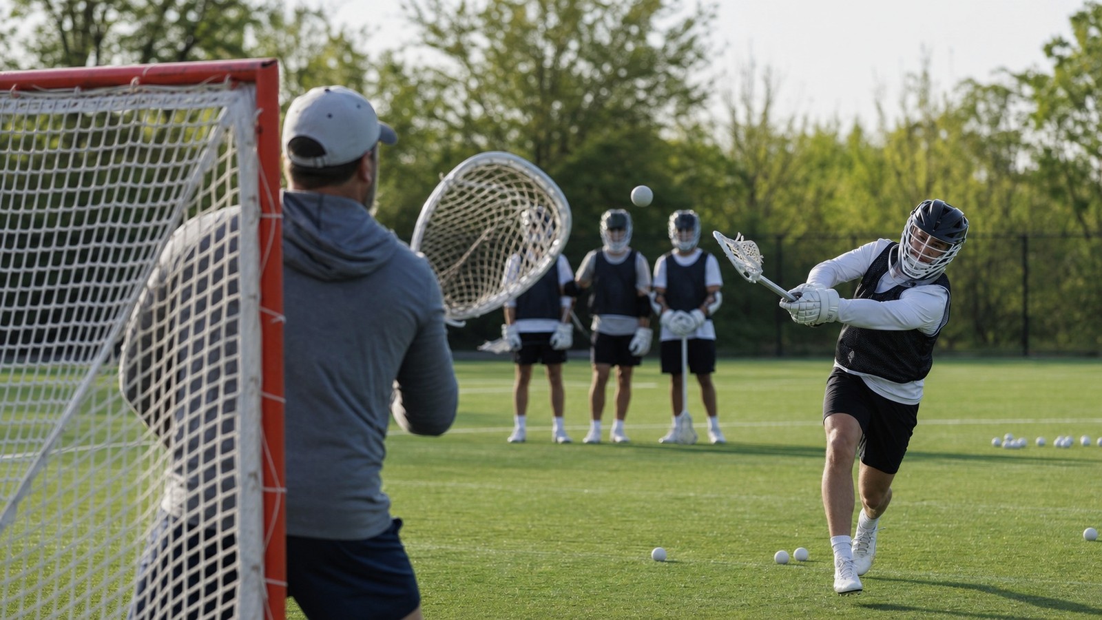 Lacrosse players demonstrating concepts from How Transition Play Differs in Field and Box Lacrosse