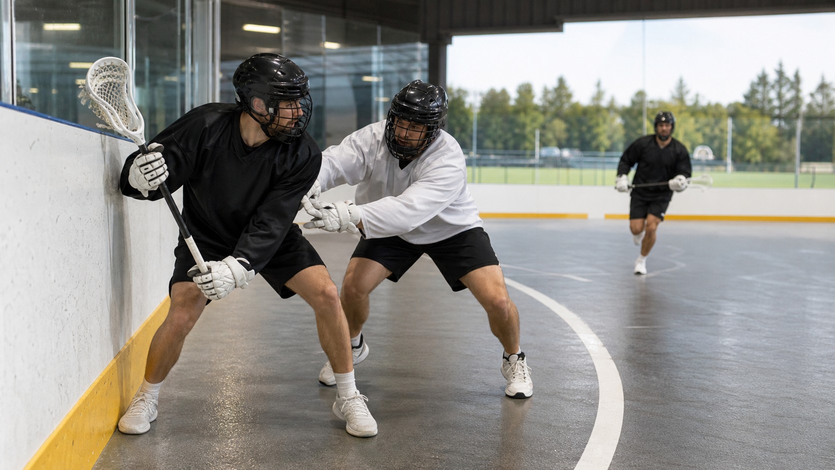 Plain-uniform box lacrosse player protecting the ball near the boards while a defender applies close pressure.
