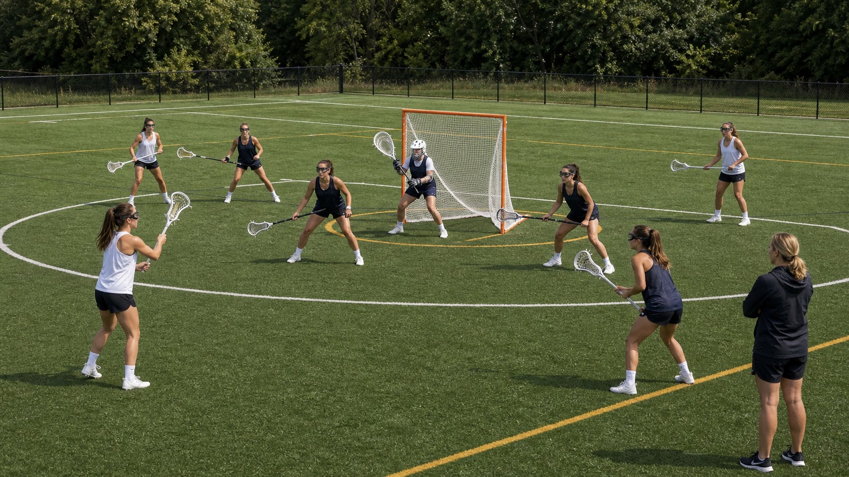 Unmarked lacrosse players spacing around the goal for an extra-player offensive possession.