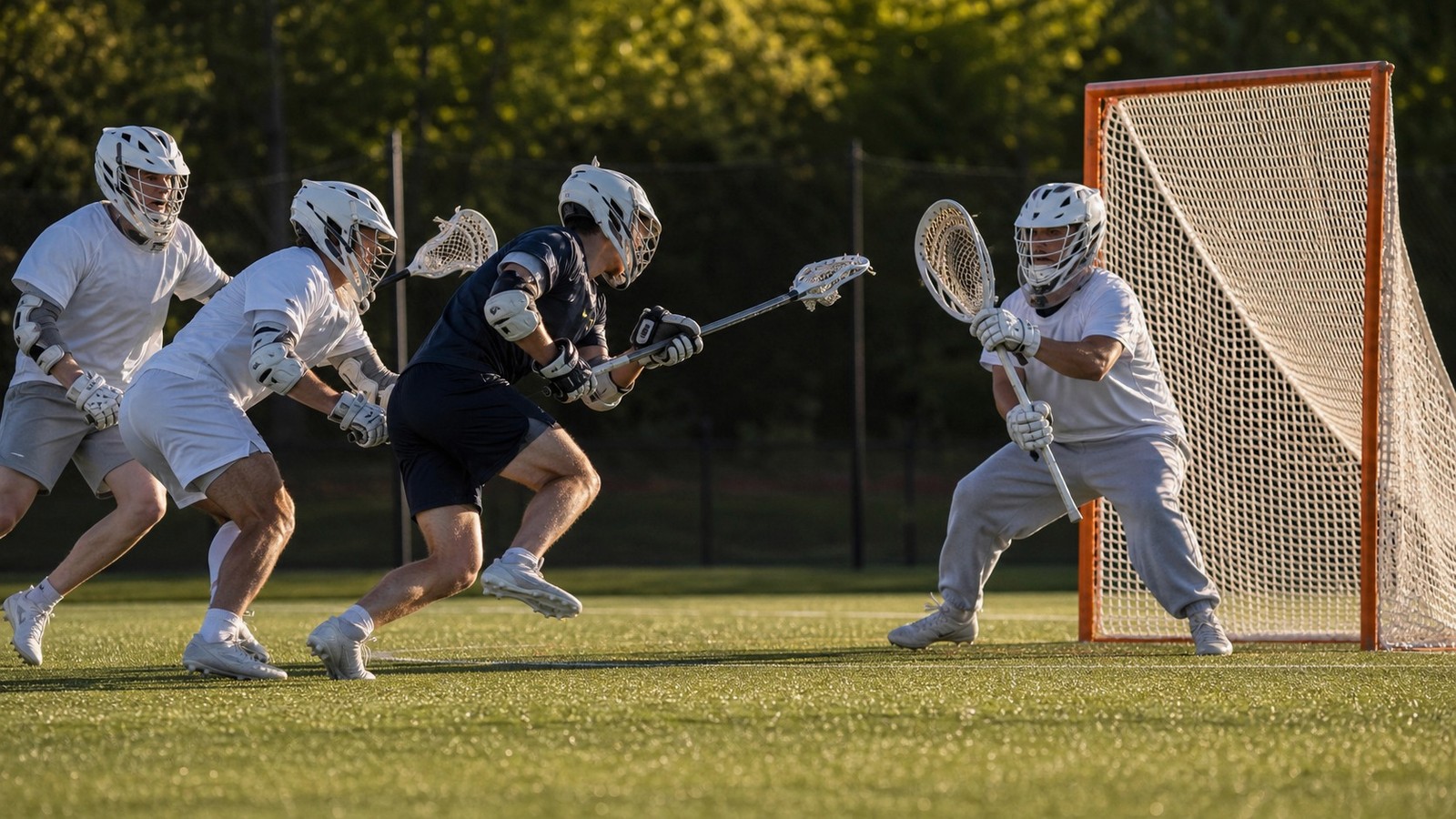 Lacrosse players demonstrating concepts from Men’s Lacrosse Defensive Rules Legal Checks, Contact, and Positioning