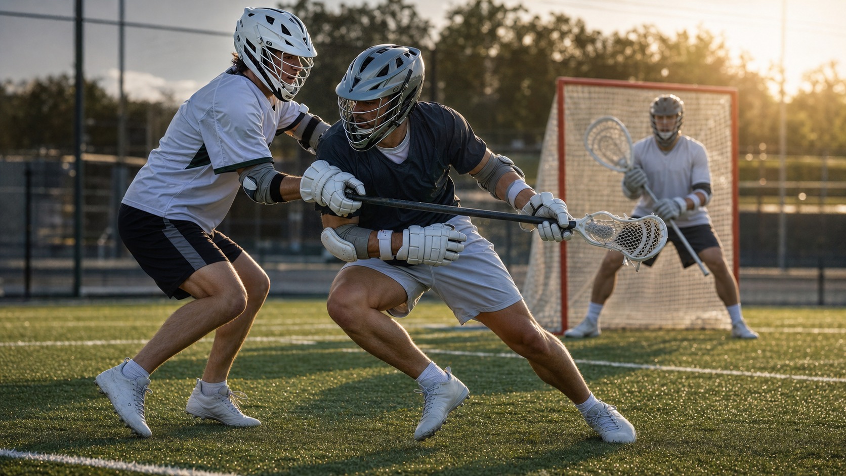 Men’s lacrosse attackman maintaining balance and stick control while turning through legal defensive pressure