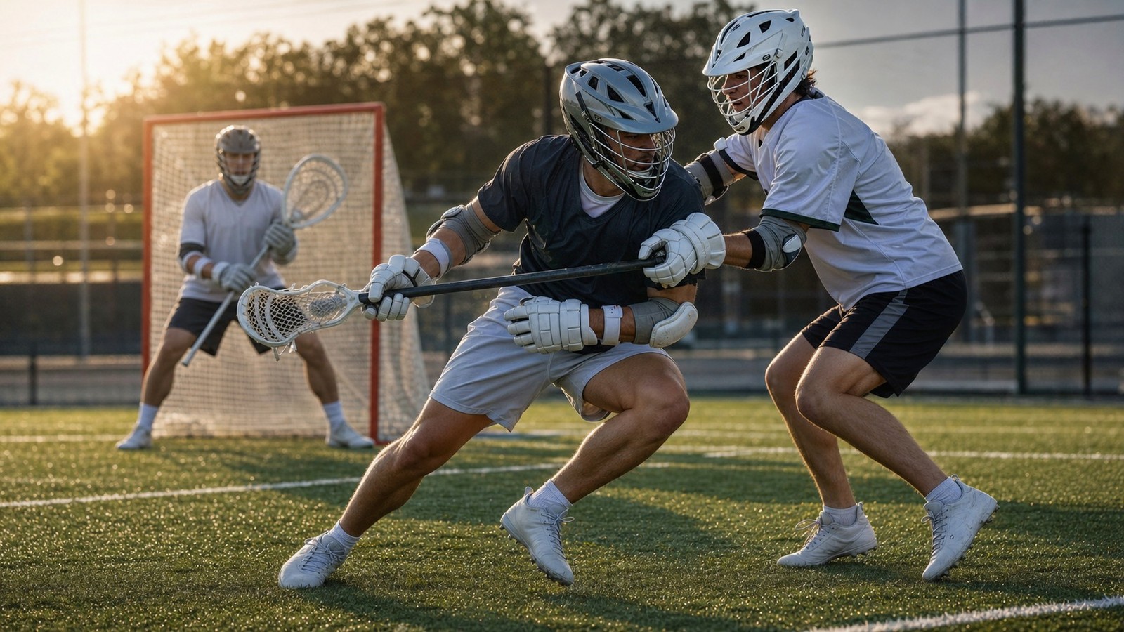 Lacrosse players demonstrating concepts from Spacing Differences Between Field and Box Lacrosse