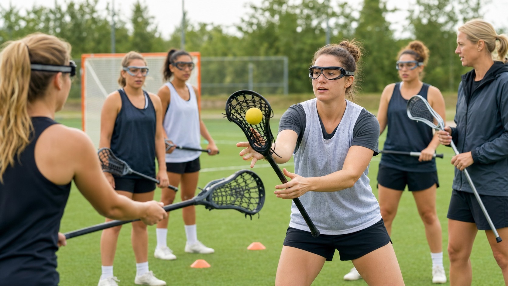 Beginner women's lacrosse players practicing catching and cradling on an unbranded outdoor field.