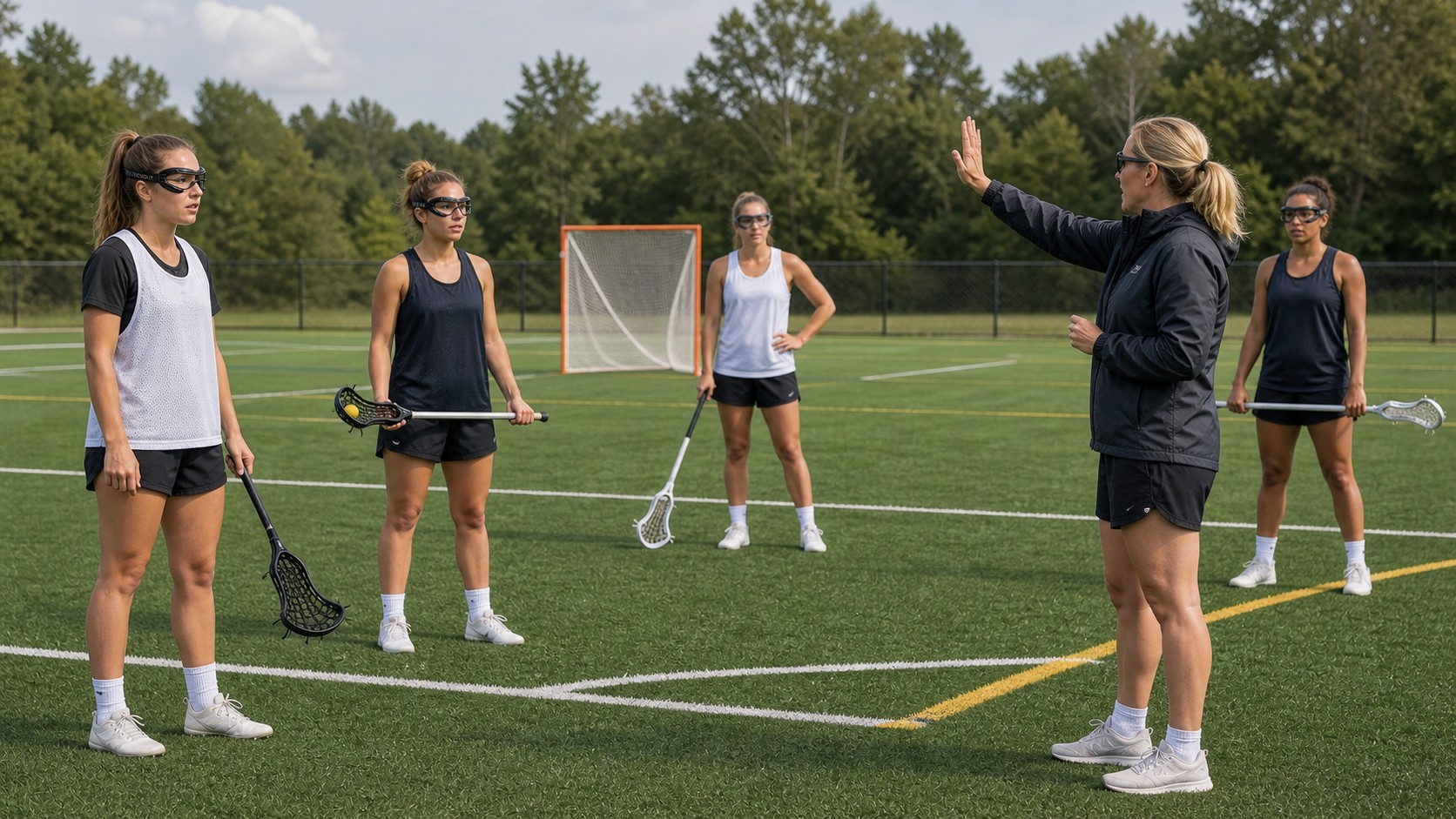 Coach pausing an unbranded women's lacrosse practice to explain safe play and rules.