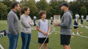 Parents and child speaking with a youth lacrosse coach on an unbranded community field.