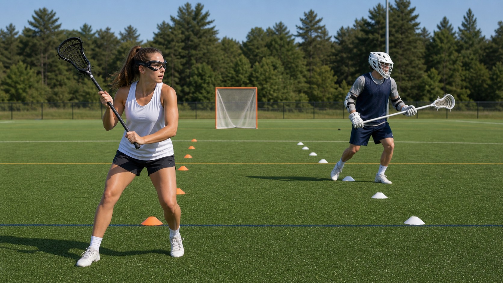 Women's and men's lacrosse players practicing in separate unbranded lanes on an outdoor field.