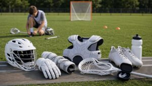 Unbranded youth lacrosse helmet, pads, gloves, stick, cleats, and water bottle arranged on a sideline.
