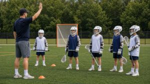 Youth lacrosse coach pausing an unbranded drill to explain rules to young players.